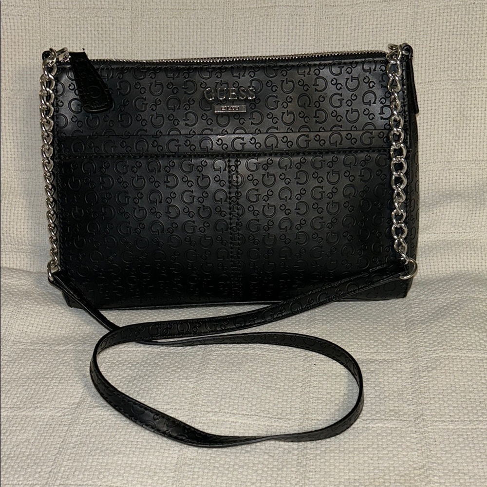 Guess Black Textured Shoulder Bag with Chain Strap